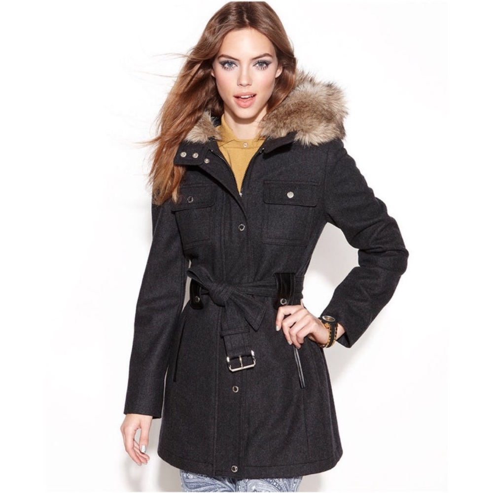 Laundry by design wool black hooded faux fur belted coat